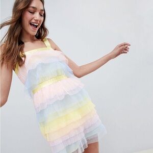 ASOS Pastel Tulle Dress Pink Yellow Blue Ruffle Candy Colored Rainbow Mini Tier